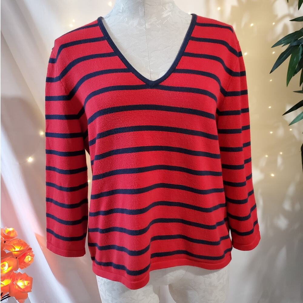 Lauren Ralph Lauren Vintage Blue Red Striped V Neck 3/4 Sleeve Sweater Womens L